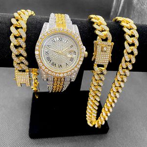 Wristwatches Full Iced Out Watches Mens Cuban Link Chain Bracelet Necklace Choker Bling Jewelry for Men Big Gold Chains Hip Hop Men Watch Set 230518