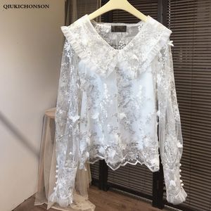 Kvinnors blusar skjortor White Lace Blue Women Kawaii Frill Peter Pan Collar 3d Threedimensional Applicques Brodery Top Summer Sheer Shirt 230517