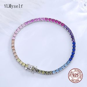 Bangle Solid Real 925 Silver 3 mm Rainbow Zircon Tennis Armband 15/16/17/18 cm Ganska färgglad fin smyckekedja för kvinnor