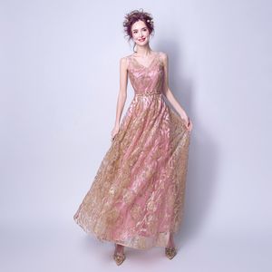 Pink Gold Vintage Mother of Bride Dress Jewel Sequin Appliques ärmar Godmother bröllopsklänningar Robe de Soiree V Neck Evening Party Gäster Glänningar 403
