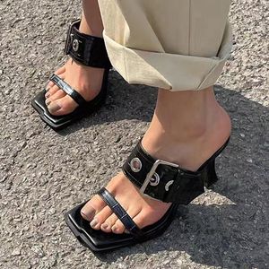 Slippers Designer Women Buckle Sexy High Heels Shoes Summer Fad Square Toe Sandals 2023 Dress Pumps Slides Flip-flops