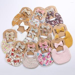 Hair Accessories Baby Girls Bow Headband And Bib Set Tassel Saliva Towel Floral Print Born Reversible Feeding Burp Cloths