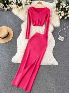 Two Piece Dress SINGREINY Autumn Sweater Two Pieces Suits Long Sleeves Knit Top+ Elatic Waist Slim Split Long Skirt Sets Women Warm Knitted Suit P230517