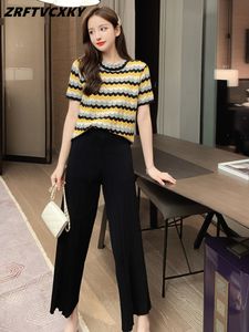 Women's Two Piece Pants Women's Suit Spring And Summer Sports Pants Casual Striped Ice Silk Sweater Short-Sleeved T-Shirt Harem Pants Two-Piece Suit 230518