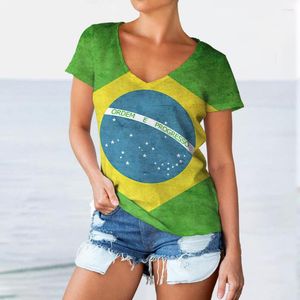 여자 T 셔츠 브라질 플래그 그래픽 인쇄 여성 V- 넥 티셔츠 캐주얼 레이디 짧은 슬리브 대형 풀오버 패션 느슨한 탑