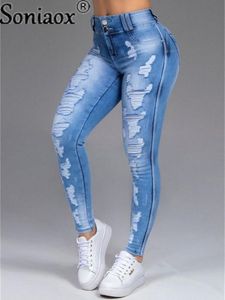 Jeans kvinnor byxor höga stretch jeans hög midja mager rippade vintage hål smalt stor full längd nödbyxor 2021