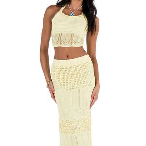 Two Piece Dress Women Two Piece Skirt Sets Summer Clothes 2023 Outfits Sleeveless Crochet Knit Halter Crop Tops Long Skirt Set y2k Streetwear P230517