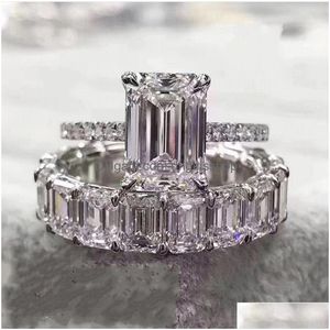 Solitaire Ring Luxury 100% 925 Sterling Sier criou Emerald Cut Diamond Cocktail Women Moissanite Band Fine Jewe Dhc2r