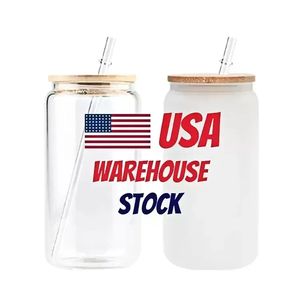 US Ca Stock Stock 16oz Sublimation cola lata jarro de vidro fosco transparente com tampa de bambu larga copa de cerveja de boca larga Festival Festival Festival Wine Tumblers 0518 4.23