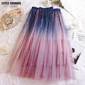 Skirts Fairy Gauze Sparkling Stars, Sequins, Starry Sky, Gradient Color, Large Swing Skirt, Mesh Long Midi Skirt, Summer Gothic Clothes