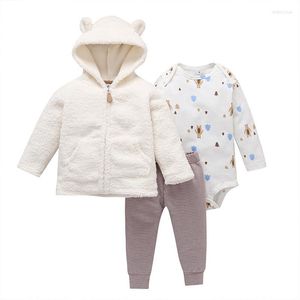 Zestawy odzieży Baby dziewczyna Zestaw ubrania z długim rękawem biały płaszcz z kapturem Romper Striped Spodnie 3pcs Strój Toddler Boy garnitur urodzony kostium 6-24m