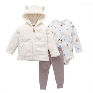 Completi di abbigliamento Set di vestiti a maniche lunghe per bambina Set di vestiti con cappuccio bianco Cappotto Pagliaccetto Pantaloni a righe 3 pezzi Vestito da ragazzo per bambini Costume nato 6-24 m