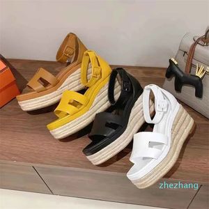 2023-Designer Platform Wedge Sandals Leather Slip On SMRARA BAND Wedge Shoes Straw Muffin Soles Loafers Shoes Flats Luxury Womens High Heeled Sandal
