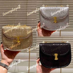 Yaz Besce Saddle Fashion Crossbody Bag Tasarımcı Kadın Çanta Tasarımcıları Çanta Pullu Bling Bling El çantası 3 Renkler Altın Gümüş Zincir 18cm Gerçek Deri Çanta