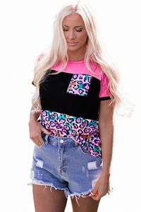 Rose Leopard Print Block Color Teksturowany T-shirt U0NC#