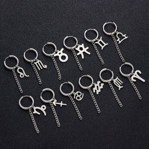 Stud 1pcs rostfritt stål Zodiak 12 Konstellation örhängen för män Kvinnor Tassel Chain Circle Hoop örhängen Cancer Leo Scorpio Pendant Z0517