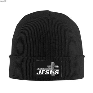 ビーニー/スカルキャップ私はイエス・キリストを信じていますビーニーキャップユニセックス冬の温かいボンネットホム編み帽子クリスティニティ信仰頭蓋骨帽子J230518