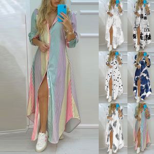 Basic Casual Dresses Women Printed Shirt Dress Casual Turndown Collar Long Sleeve Irregular Maxi Dresses Laides Single Breasted Loose Long dress 230517