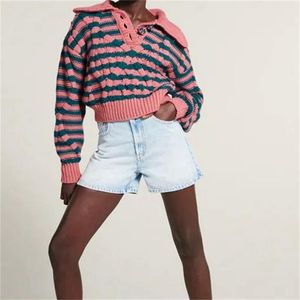 Women's Sweaters ZXQJ Women 2023 Fashion Oversized Stripes Cropped Cable-Knit Sweater Vintage Long Sleeve Female Pullovers Chic Tops