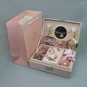 Necklace Earrings Set Children's Jewelry Wooden Box Girls Delicate Gift Birthday Present Tire Combination Suit Super Fairy Princess Hair