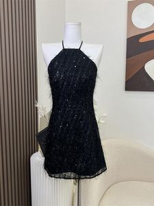 Casual Dresses Classic Black Color Women Plush Sequins Design Neck-mounted Slim Dress 2023 Fashion Tie Up Female Party Prom One-Piece Chic