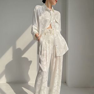 Women's Two Piece Pants Customized Rayon Jacquard Suit Street Style Women's Square Collar ShirtWide Leg Pants Fashion Loose High-End Two-Piece Set S-L 230518