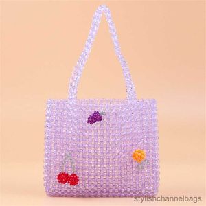 Stuffs Sacks Summer New Hollow Out Purple Handbag Transparent Woven Tote Clear Crystal Pearl Bag Seaside Beach Bag