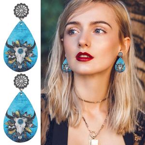 Hoop Earrings Western Style Retro Personality Bull's Head With Colored Petals And Turquoise Pattern Double Sided Wooden Water