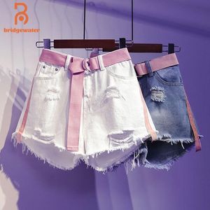 Bridgewater Summer Hole Rubled Denim Shorts Women Wysoka talia dżinsy z szeroką nogą dużej wielkości spodnie Koreańska moda haruku streetwear