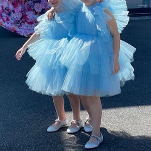 Gonne Abito tutu azzurro cielo Bambina per matrimonio Fluffy Tulle Abiti da compleanno Abiti a fiori corti Ruffles