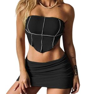 Vestido de duas peças feminino de saia conjuntos de 2 peças roupas de verão roupas contraste ponto de alça de alçapset tubo tops de saia curta conjunto de streetwear p230517