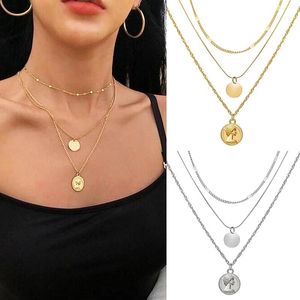 Pendant Necklaces Fashion Multilayer Round Portrait Coin Necklace For Women Trendy Gold Silver Color Choker Jewelry