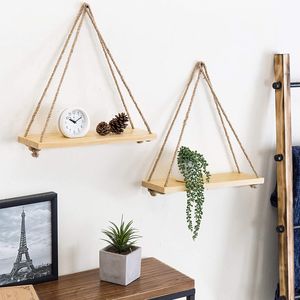 Decorative Objects Figurines 1pc Wooden Wall Shelves Hemp Rope Swing Wall Hanging Plant Flower Pot Tray Morden Indoor Home Decoration Simple Design Shelves 230517