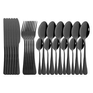Dinnerware Sets 24pcs Black Mirror Dinnerware Set Stainless Steel Cutlery Set Fork Knife Spoon Tableware Set Flatware Silverware Set 230518