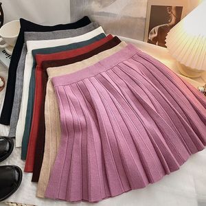 Skirts Ashgaily Pleated Knit Skirt Women High Waist A Line Sweater Skirts Autumn Winter Solid Elastic Knitting Ribbed Mini Skirt 230518