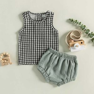 Clothing Sets 0-24M Baby Girls Boys Summer Clothing Sets Newborn Solid/Plaid Sleeveless Tanks TopsandCotton Linen Shorts Casual Cothes Outfits