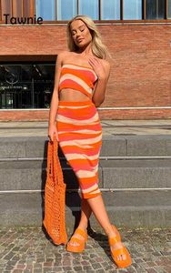 Two Piece Dress Tnie Knitted Dress 2 Piece Sets Women Strapless Crop Top Skirt Elegant Outfits Holiday Co-Ord Sets Clothes 2023 Summer P230517