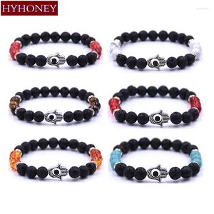 Strang HYHONEY Schwarz Lava Naturstein Perlen Armband Männer Silber Farbe Hamsa Hand Charme Energie Yoga Mala Armbänder Für Frauen Pulseira