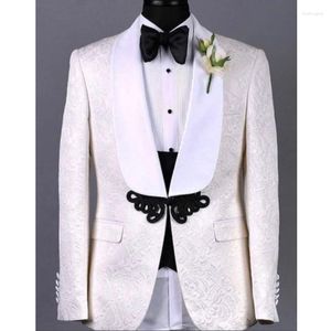 メンズスーツ白い花柄の黒いズボンとスリムフィットウェディンググルームタキシードのためのディナーパーティーカスタム3ピースブレザーベスト2023