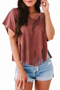 red Fringe Hem V Neck T Shirt 2023 Hot New 2023 Hot New J4IW#