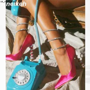 Sandaler Aneikeh 2023 Ny spetsig imitation Silk Super High Heel Rhinestone Snake Spring Women's Party Strange Style Wedding Bride Shoes J230518