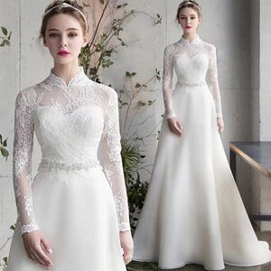 2023 Vintage Boho A Line Wedding Dress Lace Long Sleeve Crystal Lace Appliques 3D Flowers Elegant Bride Gown Arabic Aso Ebi Robe de Mariage Sequin Wed Dresses