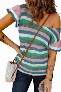 green Striped Ruffle Short Sleeve Knit Top 2023 Hot New Z6q8#