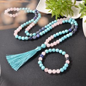 Chokers 8mm Blue Turquoise Rose Quartz Blue Sodalite Beaded Mala Halsband Meditation Yoga Blessing Rosary 108 Japamala smycken Set 230518