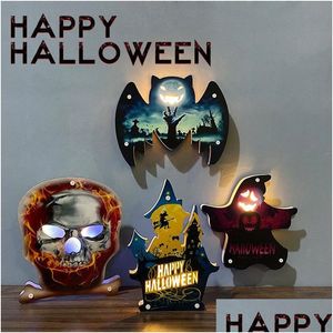 その他のお祝いのパーティー用品ハロウィーンの雰囲気の装飾ライトカボチャ城バットゴーストスキル壁の装飾ハッピーバー装飾ドロDhbl7