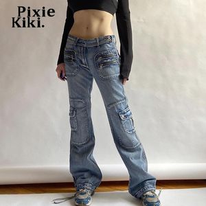 Jeans Pixiekiki Low Rise Jeans Y2K Streetwear Women MultiCocket Zipper Cargo Pants harajuku pantaloni di jeans blu vintage p84ei77