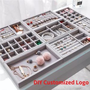 Jewelry Stand Handmade DIY Box Drawer Storage Organizer Gray Soft Velvet Jewellery Earring Necklace Pendant Bracelet Tray 9 Options 230517