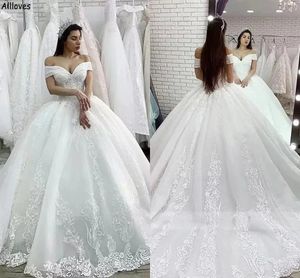 Arabska piłka Dubai suknia księżniczka sukienki ślubne seksowne z ramion koronkowe aplikacje suknie ślubne zamiatanie pociągu koronkowe plecy puffy vestidos de novia plus size s