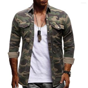 Mäns jackor Mens Casual Long Sleeve Camouflage Denim Shirts Outdoor Mountaineering Wear Lapel Button Army Botton Male Blue