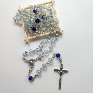 Naszyjniki wiszące katolickie krzyż Jezus Chrystus Virgin Mary Medal Różajski religijne niebieskie modlitwa koraliki łańcuch naszyjnik Kościół zaopatrzenia biżuteria